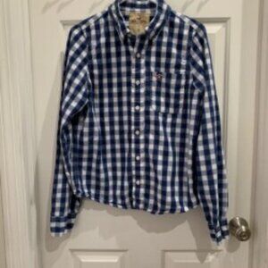 Hollister Blue and White Plaid Shirt, Men's Medium